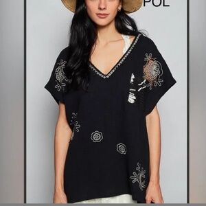 POL Oversized Black Blouse With Embroidery Detail